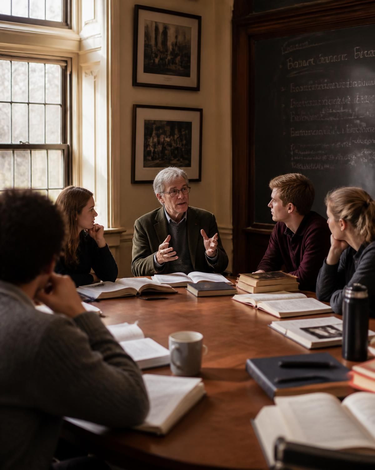 A literature seminar in discussion around a table of open books