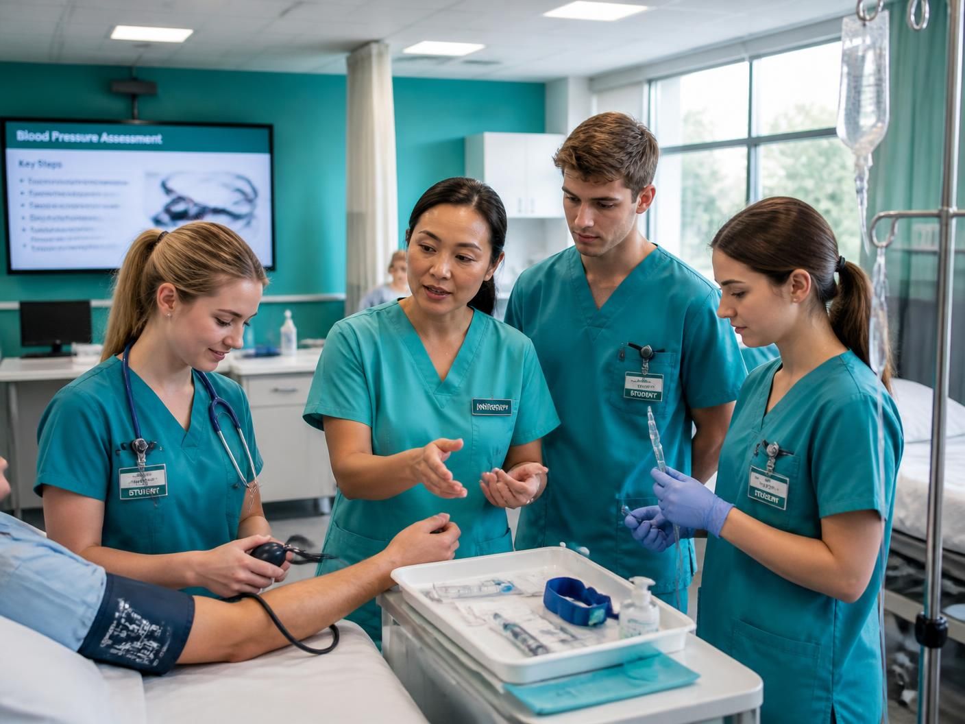 Nursing students practising blood pressure measurement with an instructor in the skills lab
