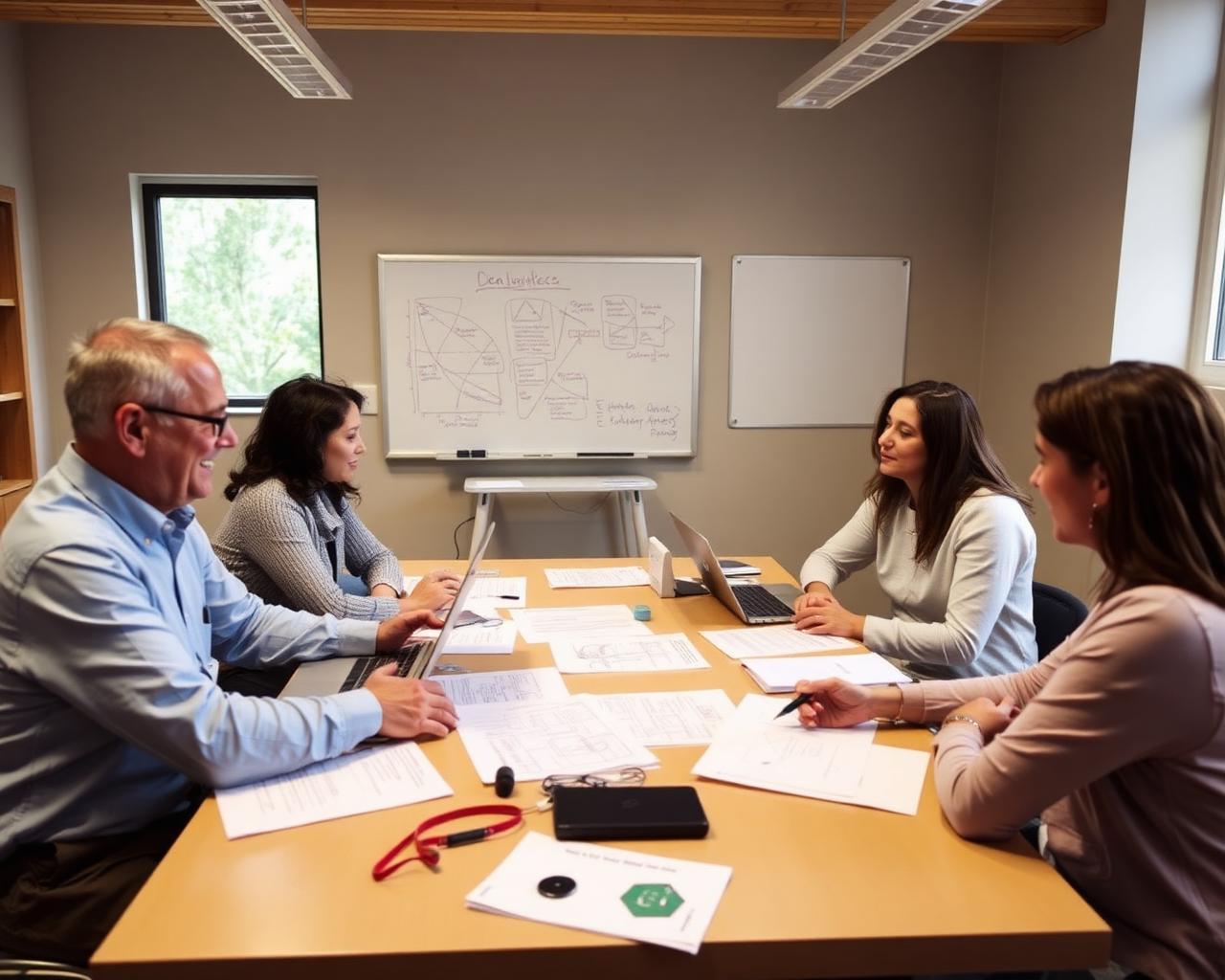 INU faculty members and students reviewing research papers around a table