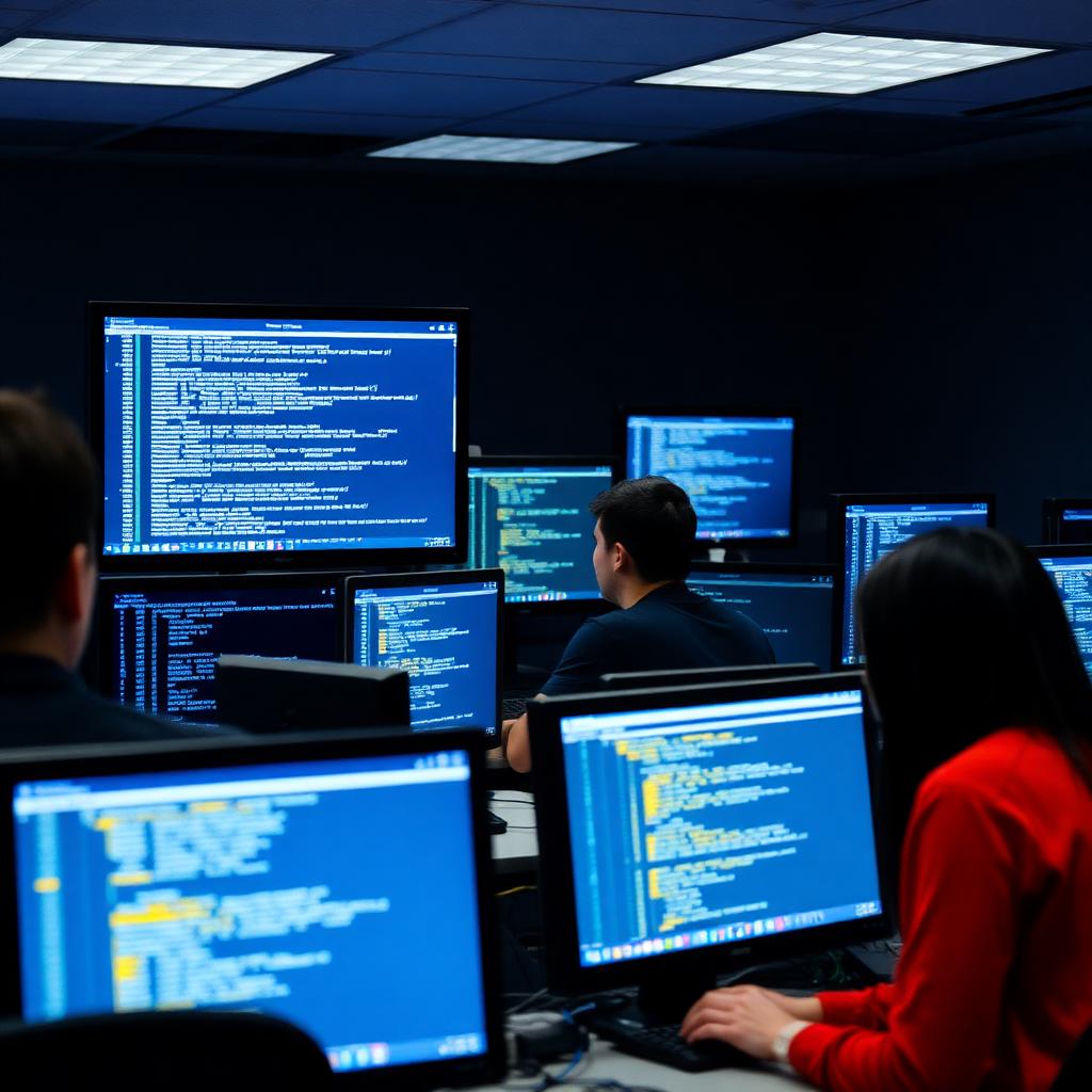 Students working on code at multiple monitors in a computing lab