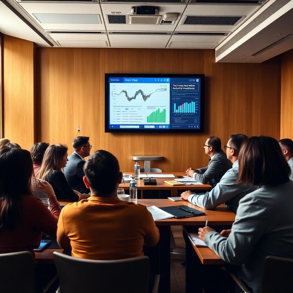 Faculty and students discussing data during a management sciences seminar