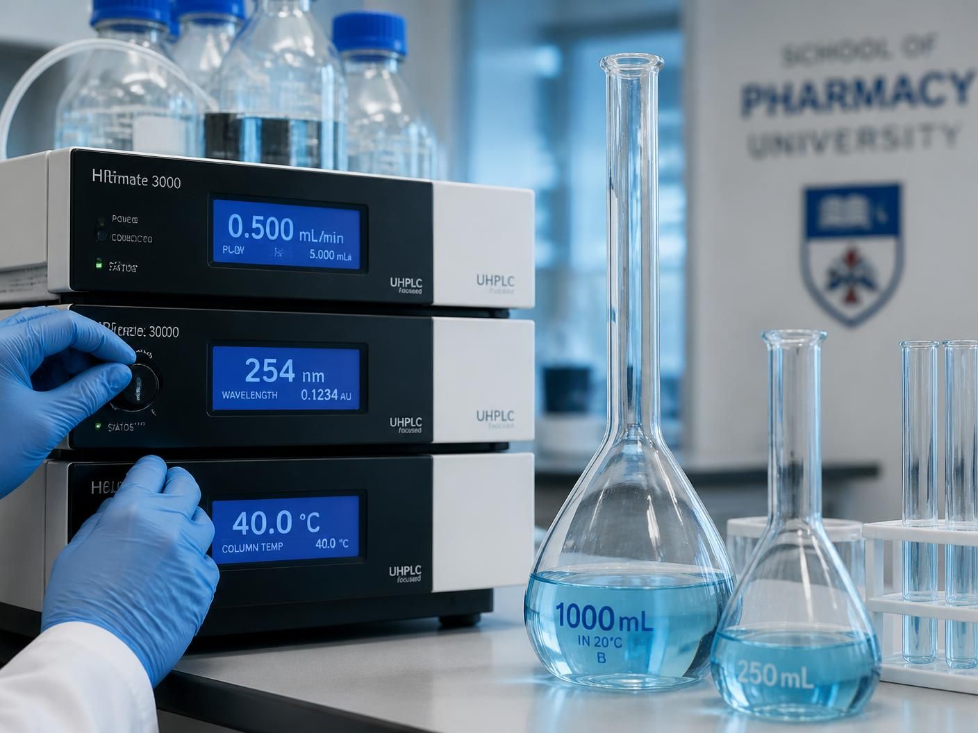 Pharmaceutical analysis instrumentation and volumetric glassware in a university laboratory